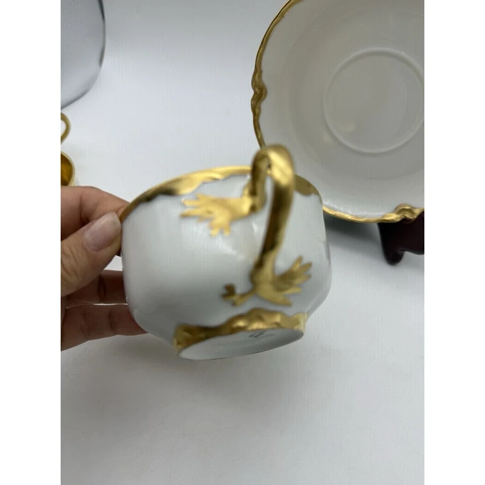 4 Antique Haviland France Limoges Gold Gilt Ranson Bouillon Cups & Saucers